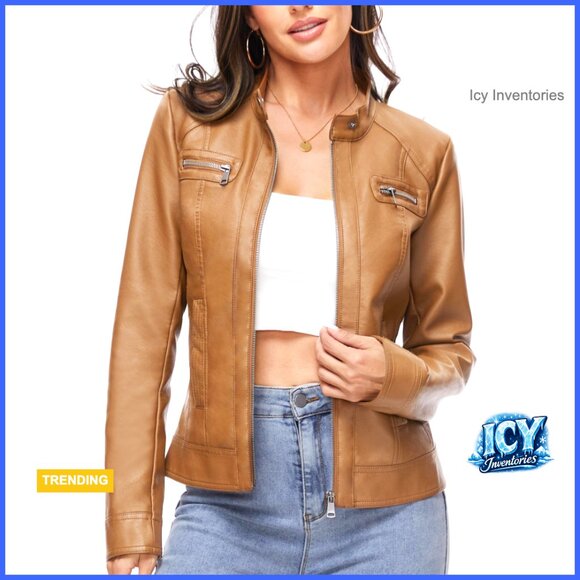 Faux PU Leather Motorcycle Jacket with Zip Closure